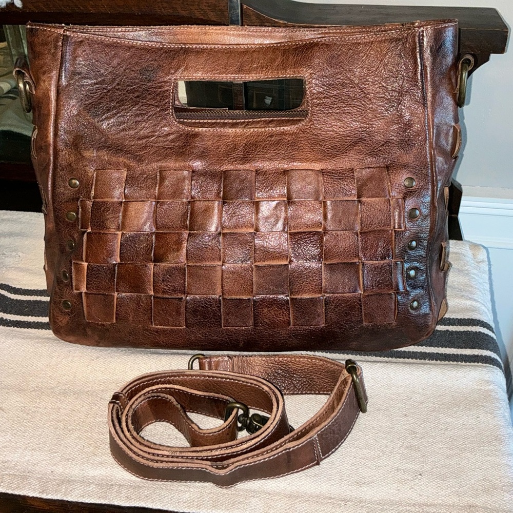 Bed Stu Orchid Woven Leather Handbag Crossbody Bag Teak Brown Retail $280